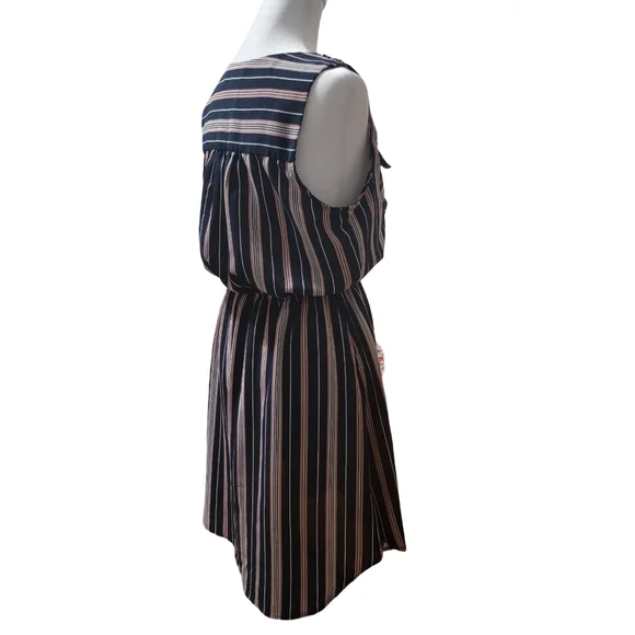 Monteau Womens Size Large Preppy Blue Coral White Striped Sleeveless Midi Dress - Picture 6 of 9
